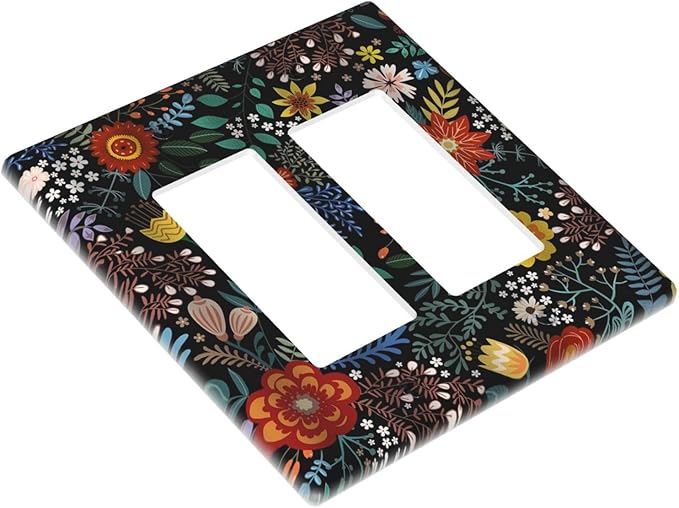 Vintage Colorful Flower Boho Floral Rustic Dark Leaves 2 Gang Rocker Decora Light Switch Covers Dual Outlet Covers Wall Plate Decorative Switchplate Electrical Faceplate GFCI for Farmhouse Bedroom