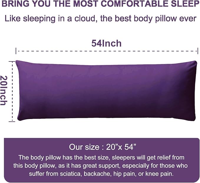 DOWNCOOL Large Body Pillow Insert- Breathable Full Body Pillow for Side Sleeper - Soft Long Bed Pillow for Adults - 20 x 54 inch (Purple)