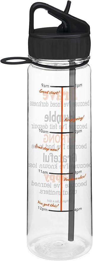 Fight Like a Girl Brave SlimKim 30 oz Motivational Water Bottle with Time Marker & Straw for Melanoma, Skin Cancer Awareness - Reusable Clear Water Bottle for Workout, Gym, Travel - Black