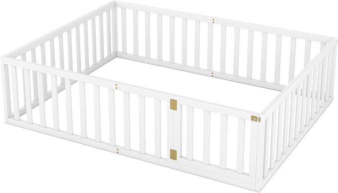 Queen Size Floor Bed with Fence, Solid Wood Floor Bed Frame for Kids with Door, Twin Platform Bed for Boys and Girls Kids Teens, Fun Design, for Children Bedroom