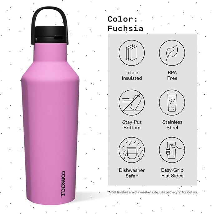 Corkcicle Insulated Canteen Travel Water Bottle, Triple Insulated Stainless Steel, Easy Grip Quick Sip Cap, Keeps Beverages Cold for 25 Hours or Warm for 12 Hours, 32oz, Fuchsia