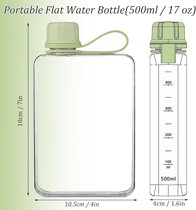 Tritan Transparent Flat Water Bottle samll Water Bottle Slim Square Pocket Bottle Water Flask, BPA Free/Slim Design/Leak Proof Water Bottle for Travel, Outdoor, Sports (Matcha Green, 500ML)