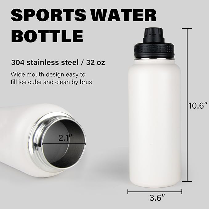 Magnetic Water Bottle with Phone Holder, 32oz Insulated Water Bottle Stainless Steel Travel Water Bottle for Gym, Hot 12H, Cold 24H (Black) (White)