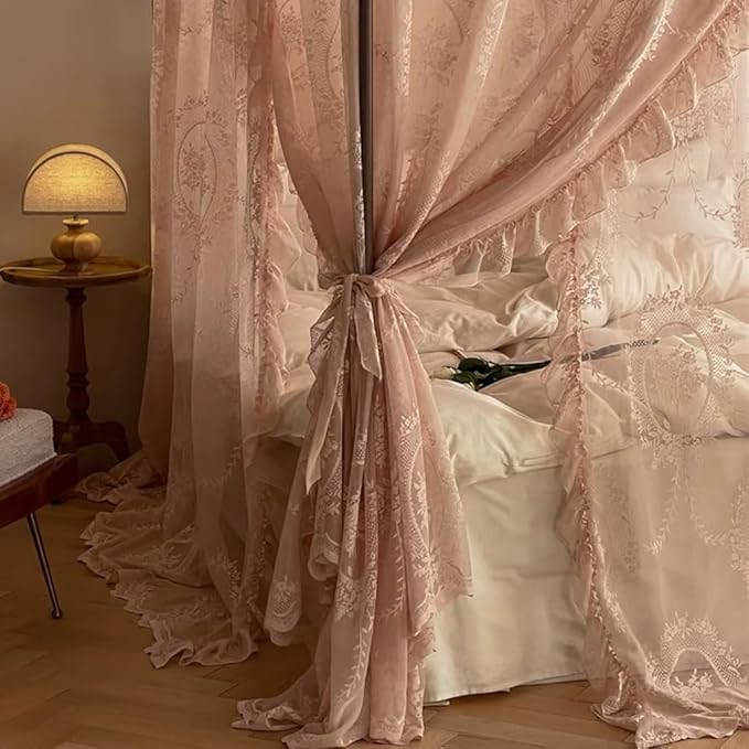 Elegant Lace Princess 4 Corner Post Mosquito Net Romantic for Girls Women Bed Curtain Canopy for Adult Wedding Bedroom Kids Rooms Decoration (Color-B, Full)