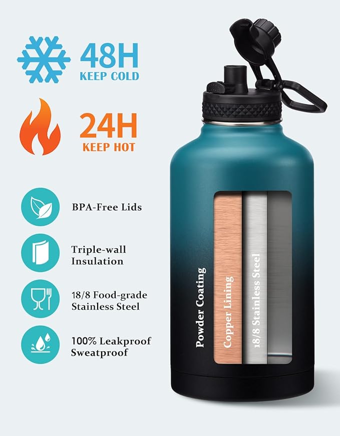 Insulated Water Bottle with Straw - 64oz Stainless Steel Water Bottles with Paracord Handle, 1/2 Gallon Big Water Jug Vacuum Insulated Waterbottle Metal Flask Reusable Double Wall Sport Bottle