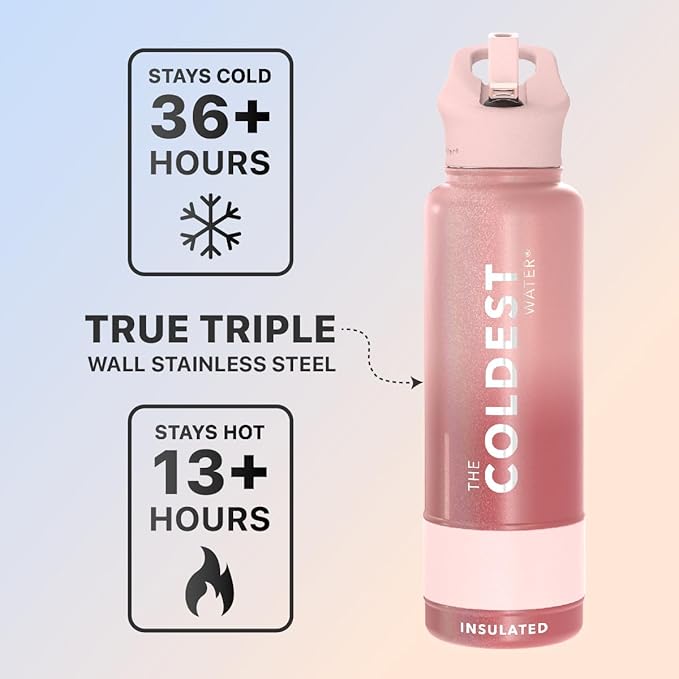 Coldest Sports Water Bottle with Straw Lid Vacuum Insulated Stainless Steel Metal Thermos Bottles Reusable Leak Proof Flask for Sports Gym (40 oz, Bellatrix Pink)