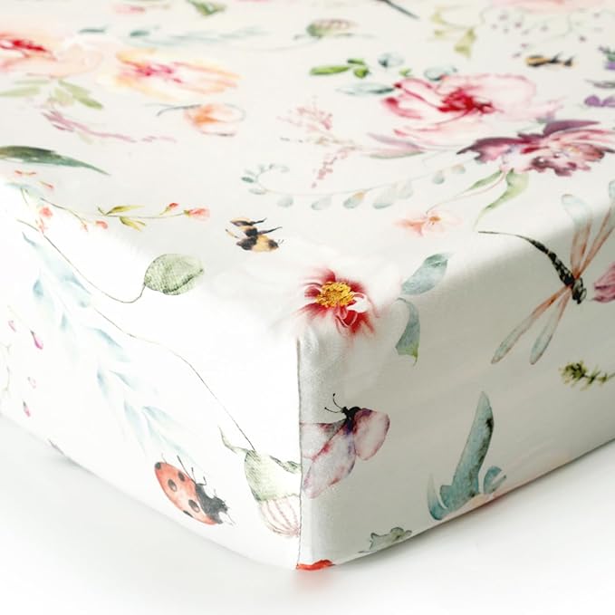 Fitted Crib Sheets Set 2 Pack, Ultra Soft Stretch Jersey Knit Crib Sheet Fit All Standard Crib Mattress Pads Safe and Snug, Crib Fitted Sheet for Baby, Beautiful Flowers and Insects Pattern