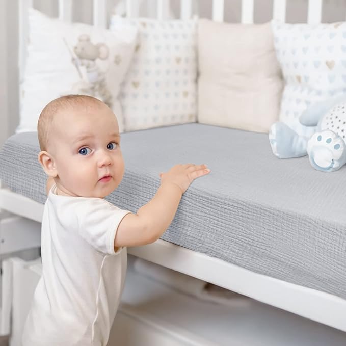 Lulumoon Muslin Crib Sheet Fitted Crib Mattress Sheet for Boys and Girls, 28"x 52" Mist Blue