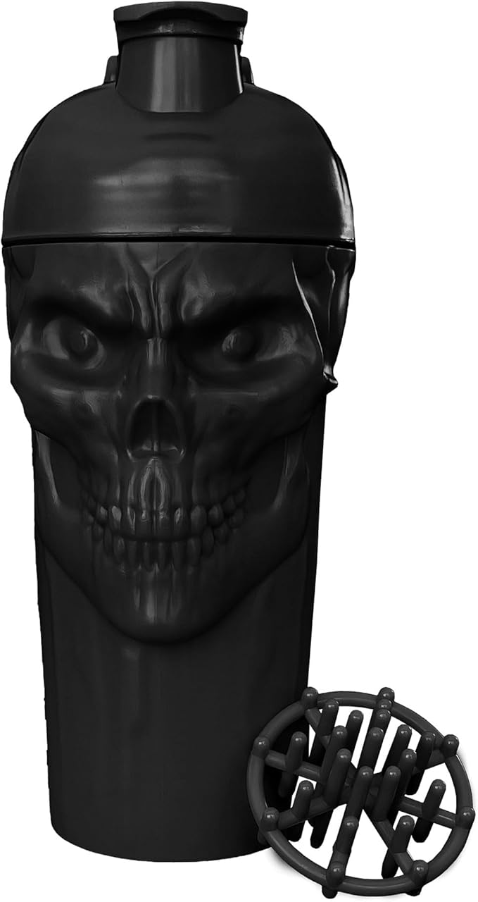 JNX SPORTS The Curse! Skull Shaker Bottle, 24-Ounce, Full Black Limited Edition, Supplement Mixer with Classic Loop Top
