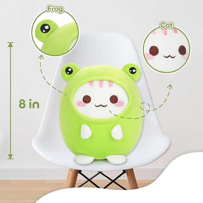 Cute Plush Frog Cat Stuffed Animal Pillow, 8" Soft Kawaii Kitten Plushie with Frog Outfit Gift for Kids