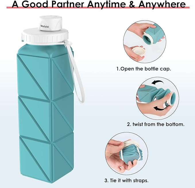 Collapsible Water Bottles, 2 Pack Leakproof BPA-Free Silicone Foldable Portable Water Bottle 610ml,Lightweight 21oz Reusable Wide Mouth Water bottle for Travel Cycling Gym Camping Sports