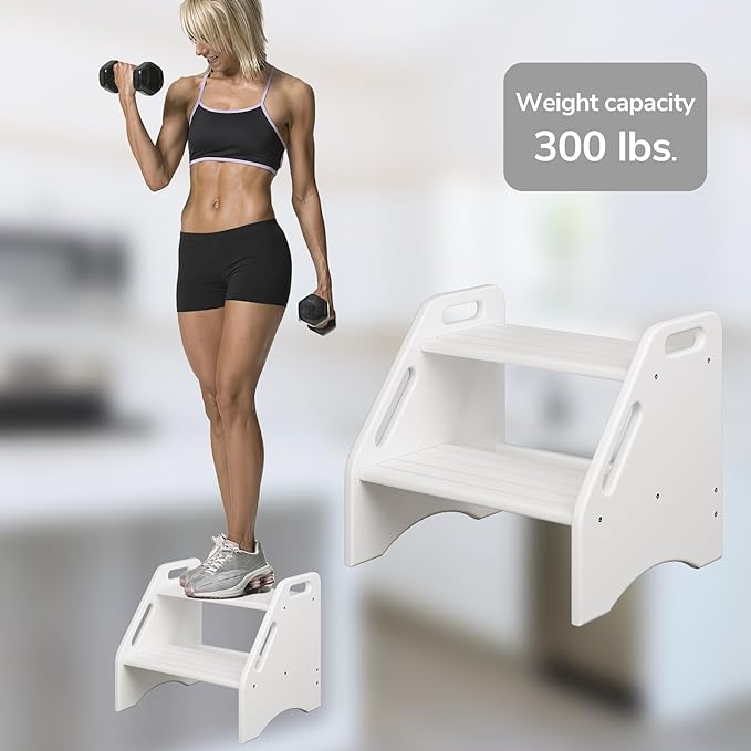 AMBIRD Wooden Two Step Stools Toddler with Safety Non-Slip Pads and Handles, Bamboo Step Stool for Bathroom, Bedroom, Kitchen Dual Height Step Stools for Kids (White)