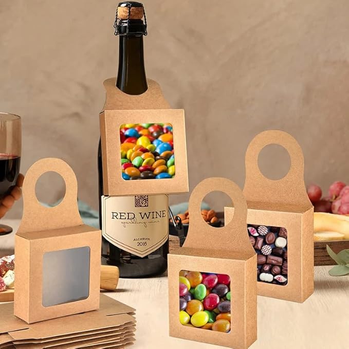 Dudnbt 30 PCS Kraft Paper Wine Bottle Box with Window 3.5 x 3.5 x 1.2 Inches for Gifts Empty Wine Bottles for Decoration Bottle Hanger Favor Box for holding Candy Truffles Chocolate Cookies (Cowhide)