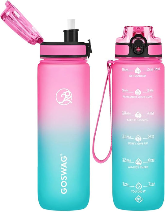 GOSWAG Water Bottles, 32 oz Motivational Sports Water Bottle with Straw and Time Marker to Remind You to Drink, Comes with Carry Strap, Leakproof