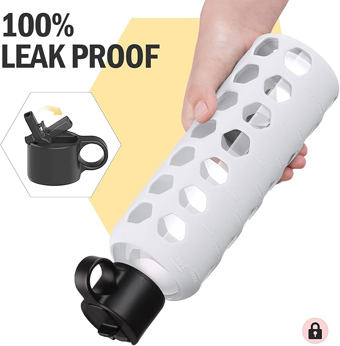 MUKOKO Glass Water Bottles, 24oz Glass Tumbler, Drinking Bottles with 2 Lids-Handle Flip Straw Lid&Bamboo Lid, Motivational Water Bottle with Time Marker and Silicone Sleeve, Leakproof-1 Pack-White