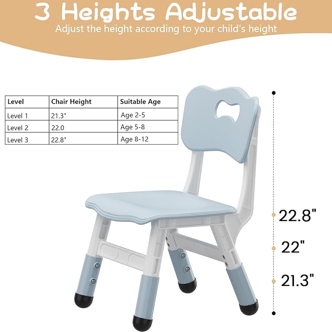 Adjustable Kids Chair (2pcs), 3 Level Height Adjustable Toddler Chair, Plastic Indoor Outdoor Child Chair for Children Age 2-8 Family School Home Daycare Use, Grayish Blue