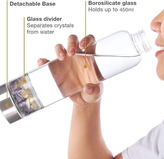 Crystal Glass Water Bottle Natural Crystal Energy Bottle with Changeable Natural Crystal Stons for Healing and Wellness Gem Elixir Infused Glass Water Bottle