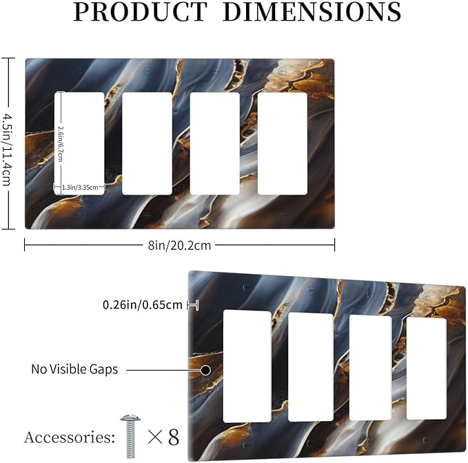 Gradient Abstract Ripple Blue Gold Marble Printed 4 Gang Rocker Decora Light Switch Cover Outlet Covers Wall Plate Decorative Switchplate Electrical Faceplate GFCI for Kitchen Bathroom Bedroom Decor