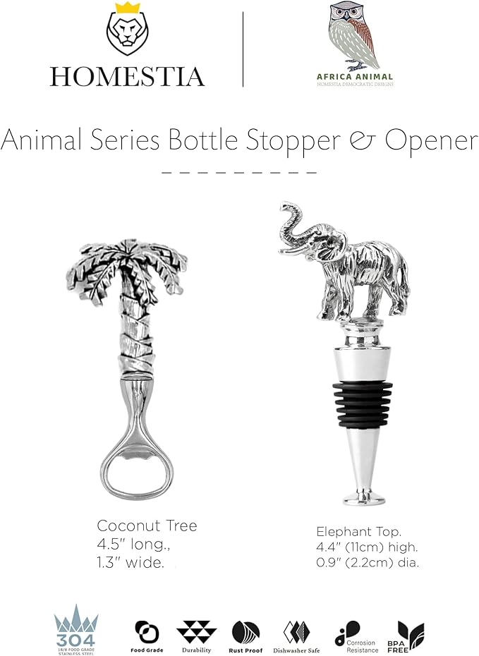 Homestia 2PCS Elephant Wine Stopper with Palm Tree Beer Bottle Opener Set, Wine Topper Seal Corks Silicone Wine Stopper, Reusable Cork Stoppers Bottle Toppers, Corks Stoppers
