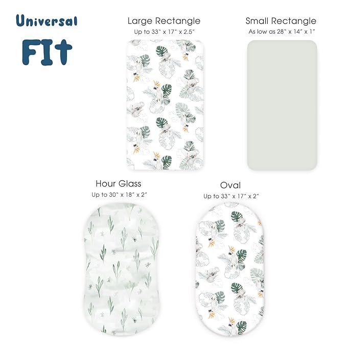 GRSSDER Stretch Ultra Soft Fitted Bassinet Sheets 3 Pack, Universal Fit for Bassinets Baby Cradle Moses Basket Oval Rectangle Mattress Safe and Snug, Stylish Watercolor Animals for Baby, Mint Green