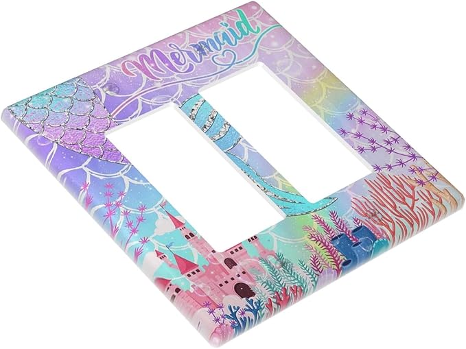 Silvery Glitter Cute Mermaid Tail Fantasy Castle 2 Gang Rocker Decora Light Switch Covers Dual Outlet Covers Wall Plate Decorative Switchplate Electrical Faceplate GFCI for Kidroom Nursery Bedroom