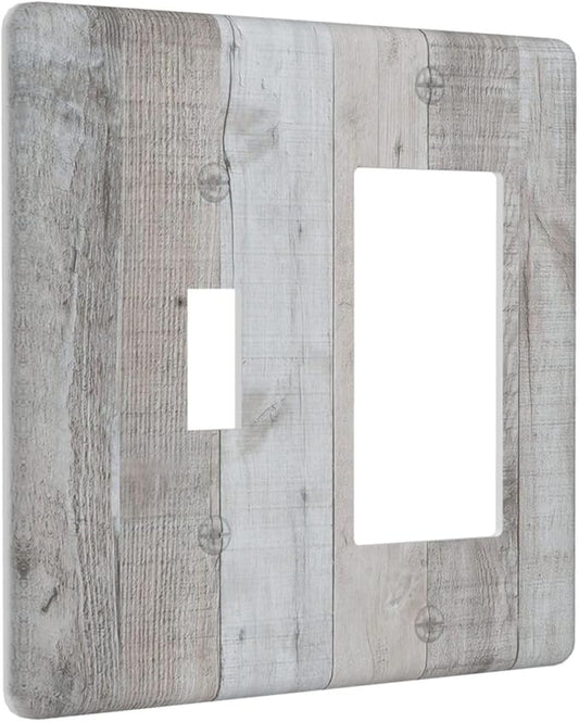 Rustic Grey Wood Shiplap 2 Gang Single Toggle Rocker Combination Light Switch Cover Vintage Country Decorative Wall Plate Cover Electrical Faceplate for Farmhouse Bathroom Bedroom Kitchen Decorate