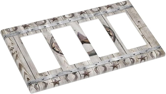 Rustic Western Wood Barn Door Horseshoe Iron Star 4 Gang Rocker Decora Light Switch Cover Outlet Covers Wall Plate Decorative Switchplate Electrical Faceplate GFCI for Farmhouse Bedroom Decor