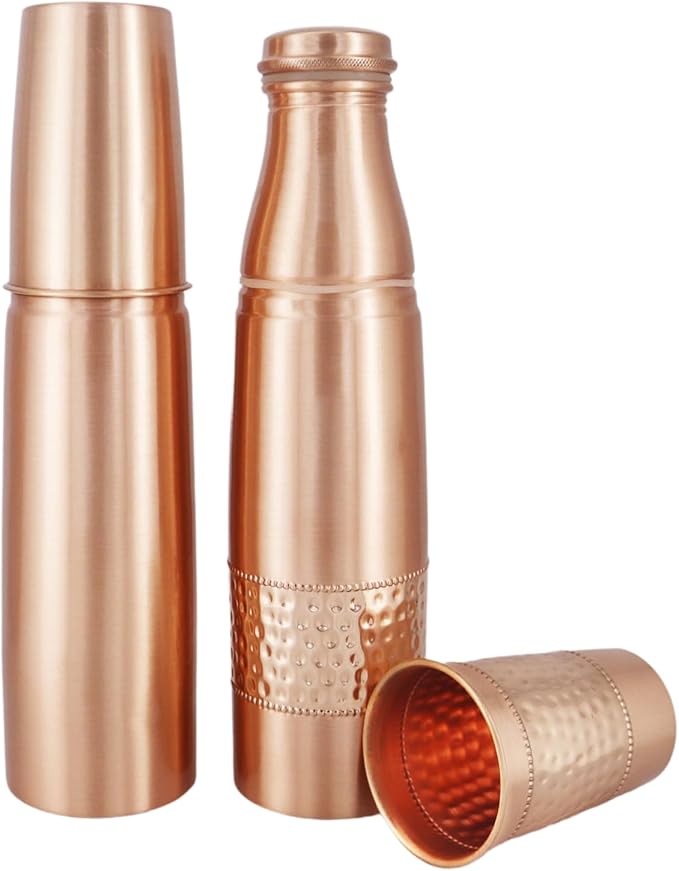Set of 2 Copper Water Bottles With Copper Tumblers For Ayurveda Health Benefits 1000 Ml Capacity