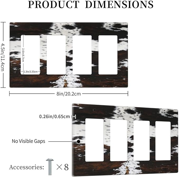 Western Farm Highland Cow Cowhide 4 Gang Rocker Decora Light Switch Cover Decorative Outlet Covers Wall Plate Electrical Faceplate Switchplate GFCI for Farmhouse Bathroom Bedroom Living Room Decor