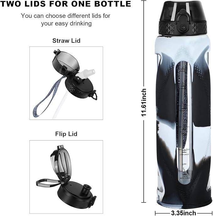 GOPPUS Glass Water Bottles with Straw and Flip Lid, Motivational Water Bottles with Time Marker Reminder and Silicone Sleeve, Leakproof, BPA Free (32 oz, Black and White)