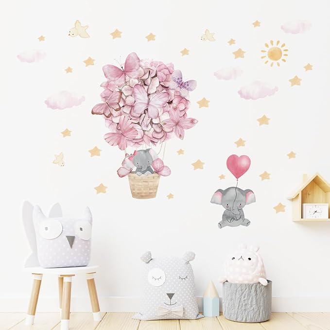 Pink Butterfly Hot Air Balloon Elephant Wall Decor for Baby Girl Room Star Cloud Nursery Wall Decal Stickers