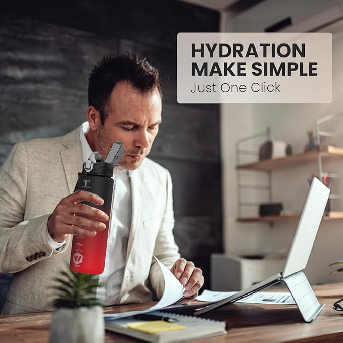 1L Water Bottle with Straw - Leak-Proof & BPA Free Reusable Sports Bottle - Motivational Time Markings for Hydration Durable Drink Bottle for Gym, Sports, Outdoor (Black and Red)