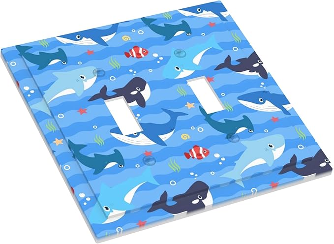 Sharks and Ocean Fish Double Toggle Light Switch Covers 2 Gang Wall Plate Dual Decorative Switchplate Electrical Faceplate for Bathroom Country Kitchen Bedroom Decor, 4.9" x 5"