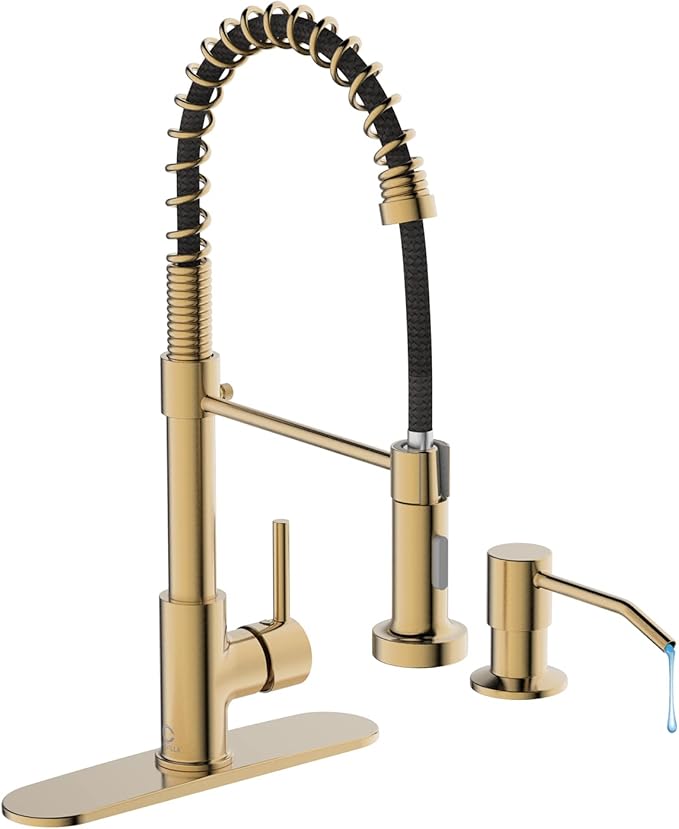 Kitchen Faucet, Brushed Gold Kitchen Faucet with Soap Dispenser and Deck Plate, Faucet for Camper Farmhouse RV Kitchen Sink, Single Handle Stainless Steel Kitchen Sink Faucets with Pull Down Sprayer