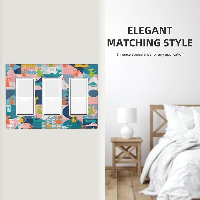 Mid Century Modern Atomic Cute Cats 3 Gang Rocker Light Switch Covers Triple Outlet Wall Plate Decorative Switchplate Cover Faceplate GFCI for Kidroom Nursery Bedroom Decor