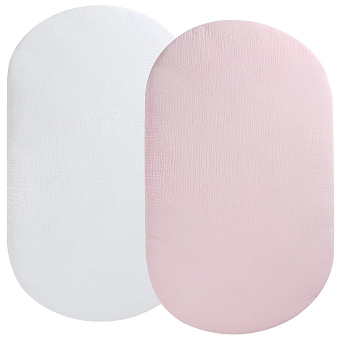 Muslin Bassinet Sheet Compatible with UPPAbaby Bassinet, 2 Pack Cotton Stylish Boho Fitted Bassinet Sheets Super Soft for Baby White & Pink