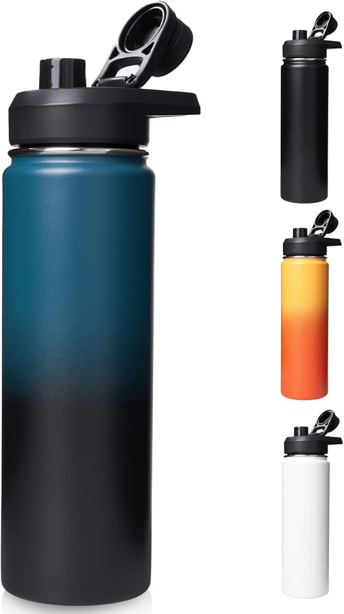 24oz Insulated Water Bottle with Handle, Stainless Steel Water Bottles with Wide Mouth, Double Wall Vacuum Sports Water Bottle, BPA Free, Keep Cold and Hot, Blue&Black