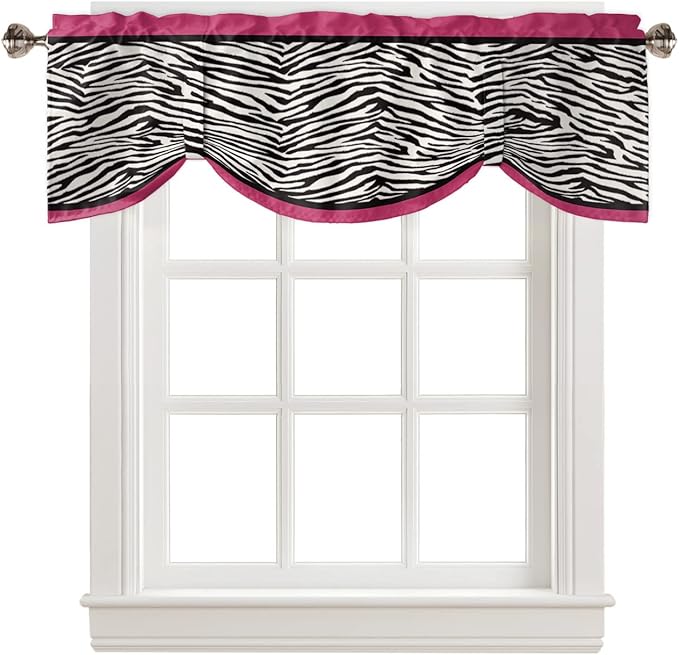 Animal Zebra Print Blackout Tie Up Valance Curtains for Kitchen Windows Black White Pink Window Toppers Balloon Shades for Living Room/Bathroom/Bedroom,1 Panel,42" X 18"