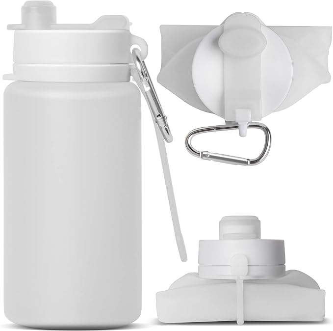 Collapsible Water Bottle, Foldable Water Bottle for Travel & Collapsable Water Bottle with Clip for Backpack, Portable Silicone Water Bottle, Collapse Water Bottle for Travel (20oz, Gray)