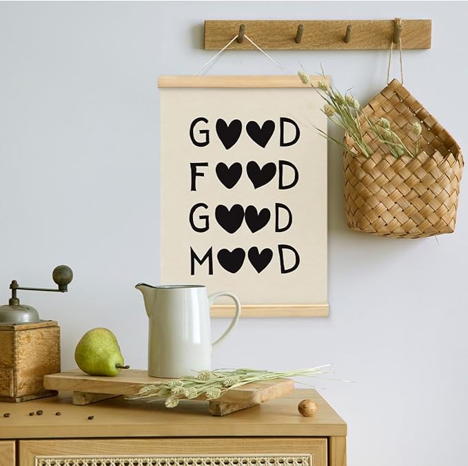 BIWSHA Good Food Good Mood Canvas Poster Framed Hanger 12x16 Inch,Funny Black Heart Kitchen Quotes Decor，Funny Words Poster，Kitchen Dining Room Decor