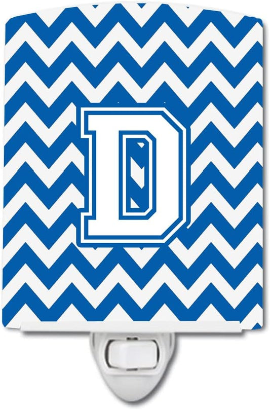 Caroline's Treasures CJ1045-DCNL Letter D Chevron Blue and White Ceramic Night Light Compact, UL-Certified, Ideal for Bedroom, Bathroom, Nursery, Hallway, Kitchen, 6x4x3, Multicolor
