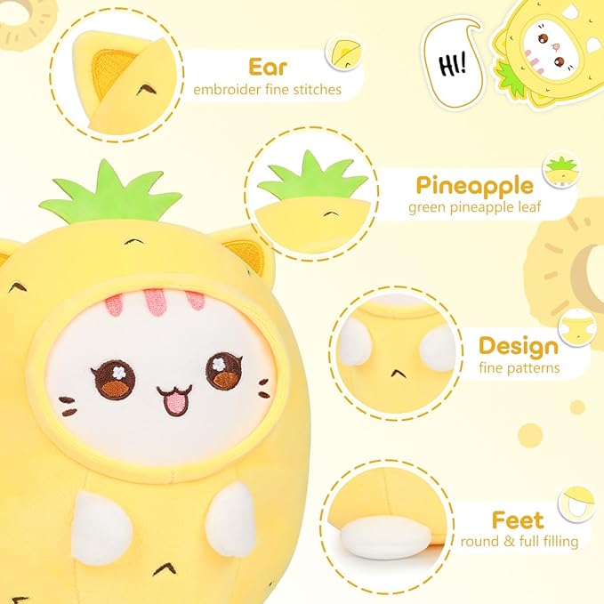 Cute Plush Pineapple Cat Stuffed Animal Pillow, 8" Soft Kawaii Kitten Plushie with Pineapple Outfit Gift for Kids