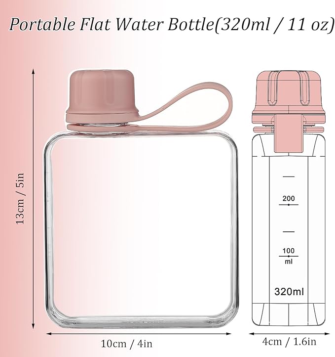 Tritan Transparent Flat Water Bottle samll Water Bottle Slim Square Pocket Bottle Water Flask, BPA Free/Slim Design/Leak Proof Water Bottle for Travel, Outdoor, Sports, Camping (Pink, 320ML)