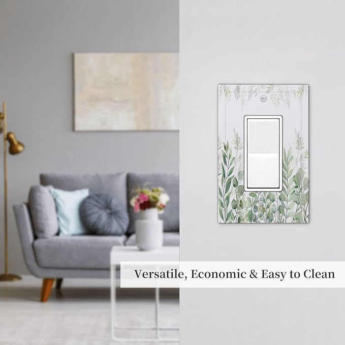 Green Eucalyptus Rustic Botanical Plant Leaves 1 Gang Rocker Boho Light Switch Covers Decorative Single Decora Outlet Wall Plate Faceplate Switchplate GFCI for Country Bedroom Bathroom Decor