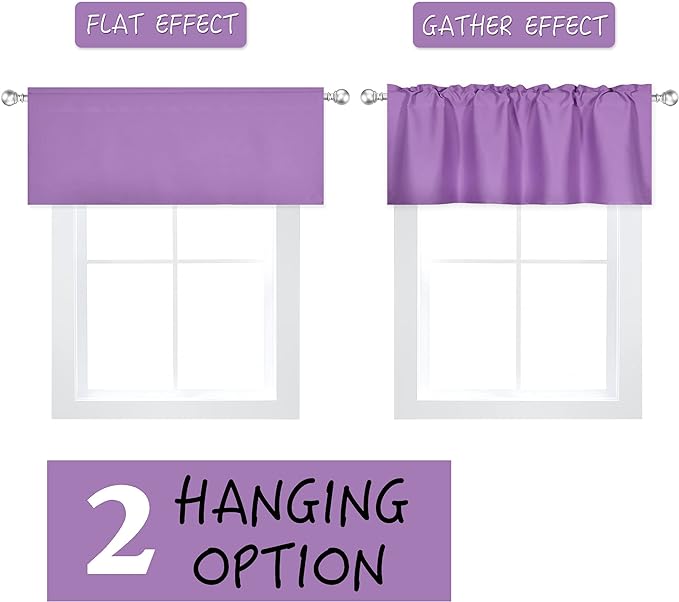 Light Purple Valance for Windows 72x18 Inch Solid Thermal Insulated Blackout Rod Pocket Kitchen Short Curtain Toppers Valance for Bathroom Living Room, Lilac Lavender