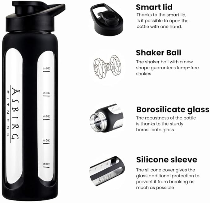 Fitness Glass Protein Shaker 1 Litre Protein Shaker Drinking Bottle with Spiral Ball Black 1000 ml