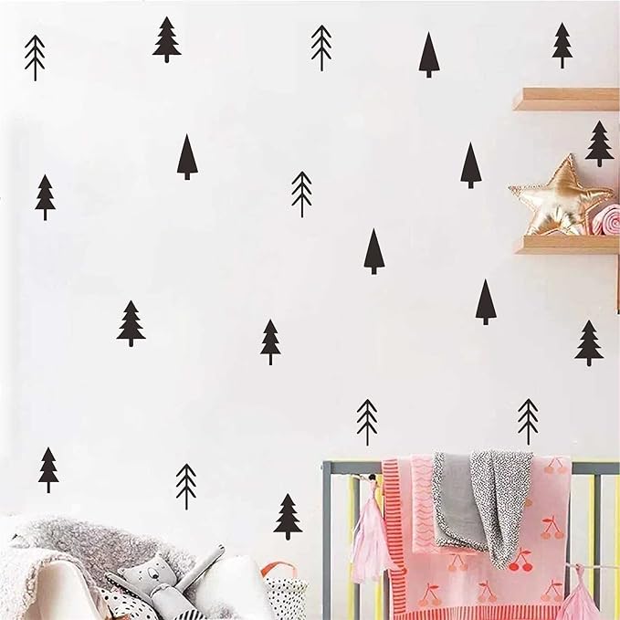 Small Pine Tree Wall Sticker Vinyl Black Tree Wall Decals Forest Tree Wall Stickers Woodland Tree Decals Peel and Stick Pine Tree Wall Decals for Nursery Kids Room Bedroom Decor