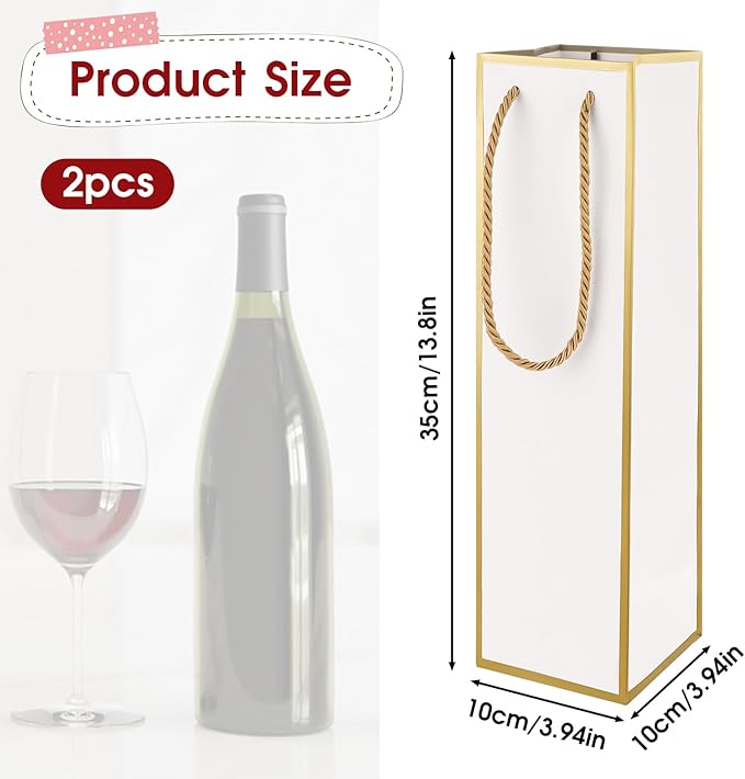 Wine Gift Bags 2 PCS Luxury Wine Bottle Gift Bags, 4"X4"X13.8" Reusable Liquor Bags with Gold Foil Print, Gold Foil White Wine Bags for Party Wedding Party Anniversary Champagne Wine Bags with Handles