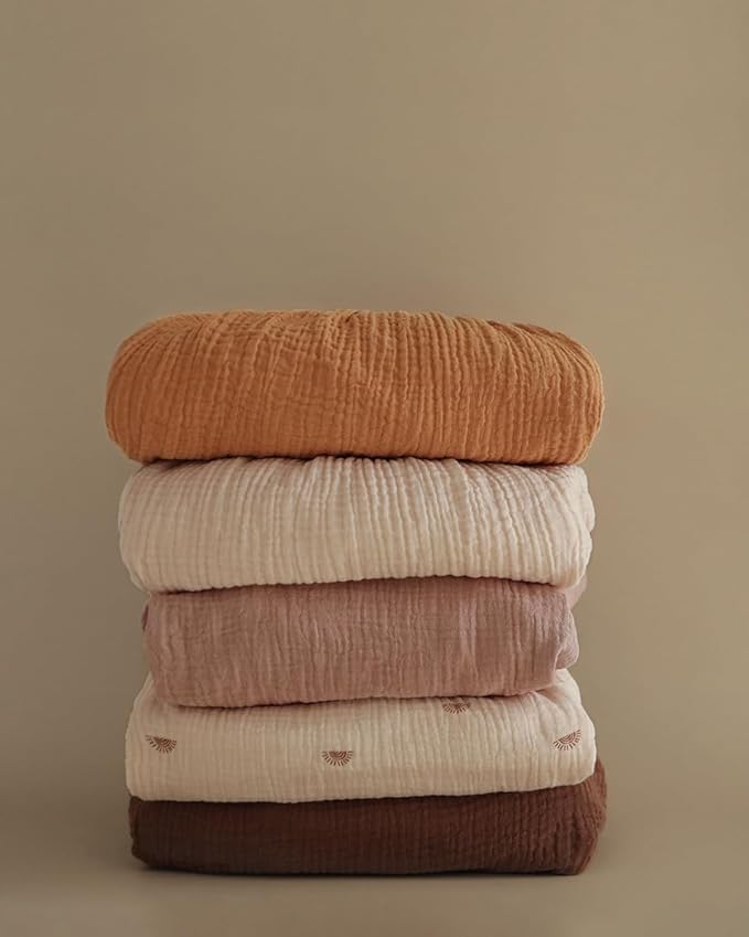 Blissful Diary Muslin Mini Crib Sheets, Pack and Play Mattress Sheets Fitted for Pack N Play, Soft Cotton for Boys Girls, 2 Pack(Retro Yellow&Beige)