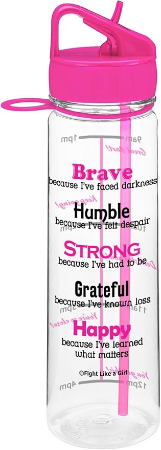 Fight Like a Girl Brave SlimKim 30 oz Motivational Water Bottle with Time Marker & Straw for Breast Cancer Awareness - Reusable Clear Water Bottle for Workout, Gym, Travel - Hot Pink